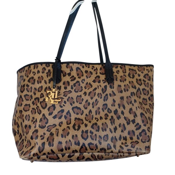 Lauren Ralph Lauren Tote Bag Large Leopard Print Zip Top Coated Canvas - Picture 1 of 16